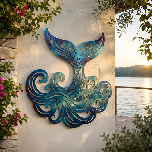 Filigree Whale Tail Metal Wall Art – Coastal Wave Scroll Decor, Gift For Beach House Or Nautical Home
