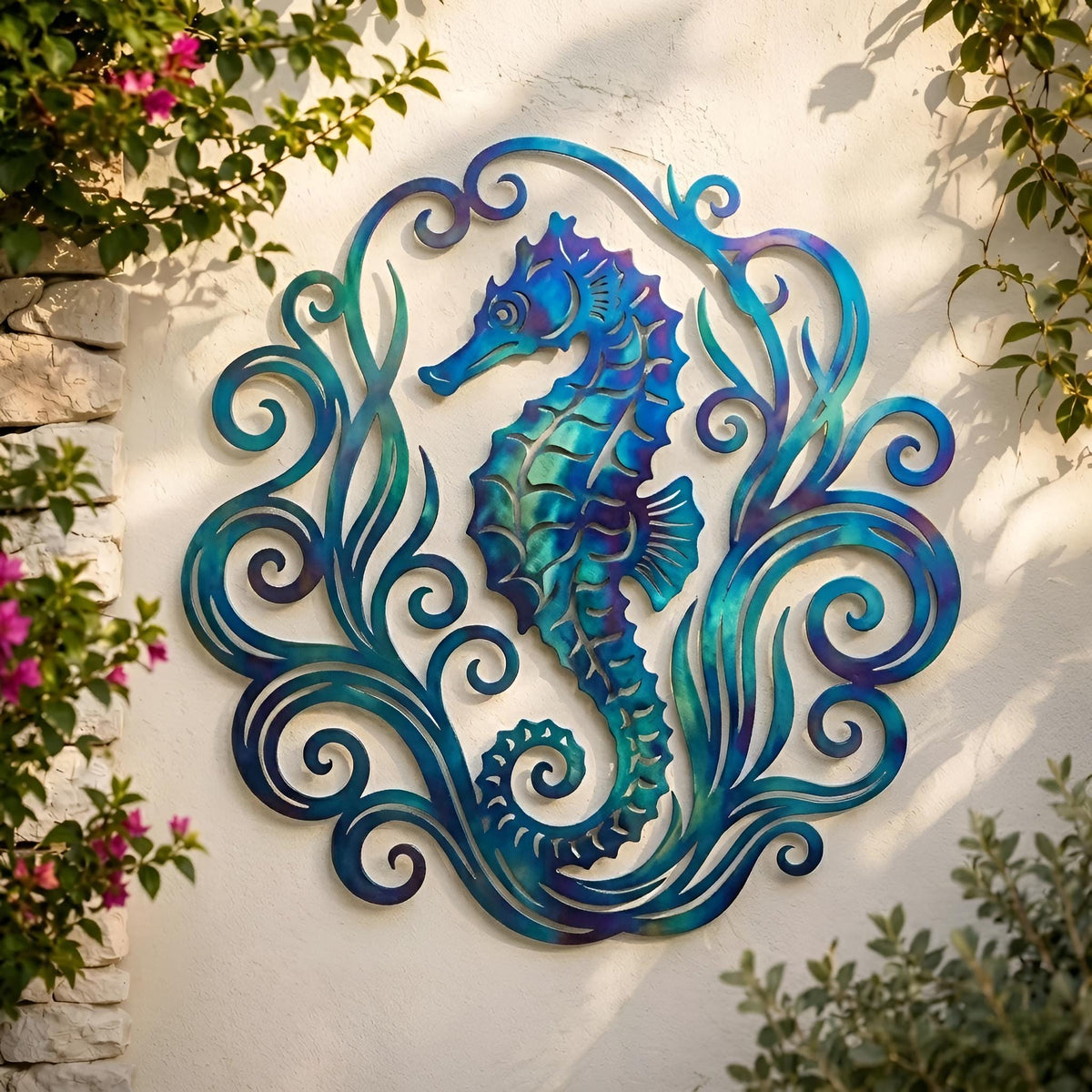 Seahorse Metal Wall Art, Coastal Wave Scroll Decor – Ocean Nautical Sign, Gift For Beach House Lover