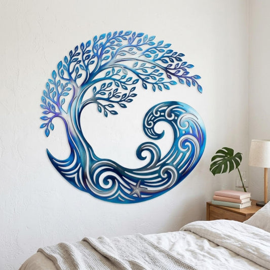 Ocean Tree Of Life Metal Wall Art – Blue Wave Coastal Sign, Beach House Gift For Nature Lovers