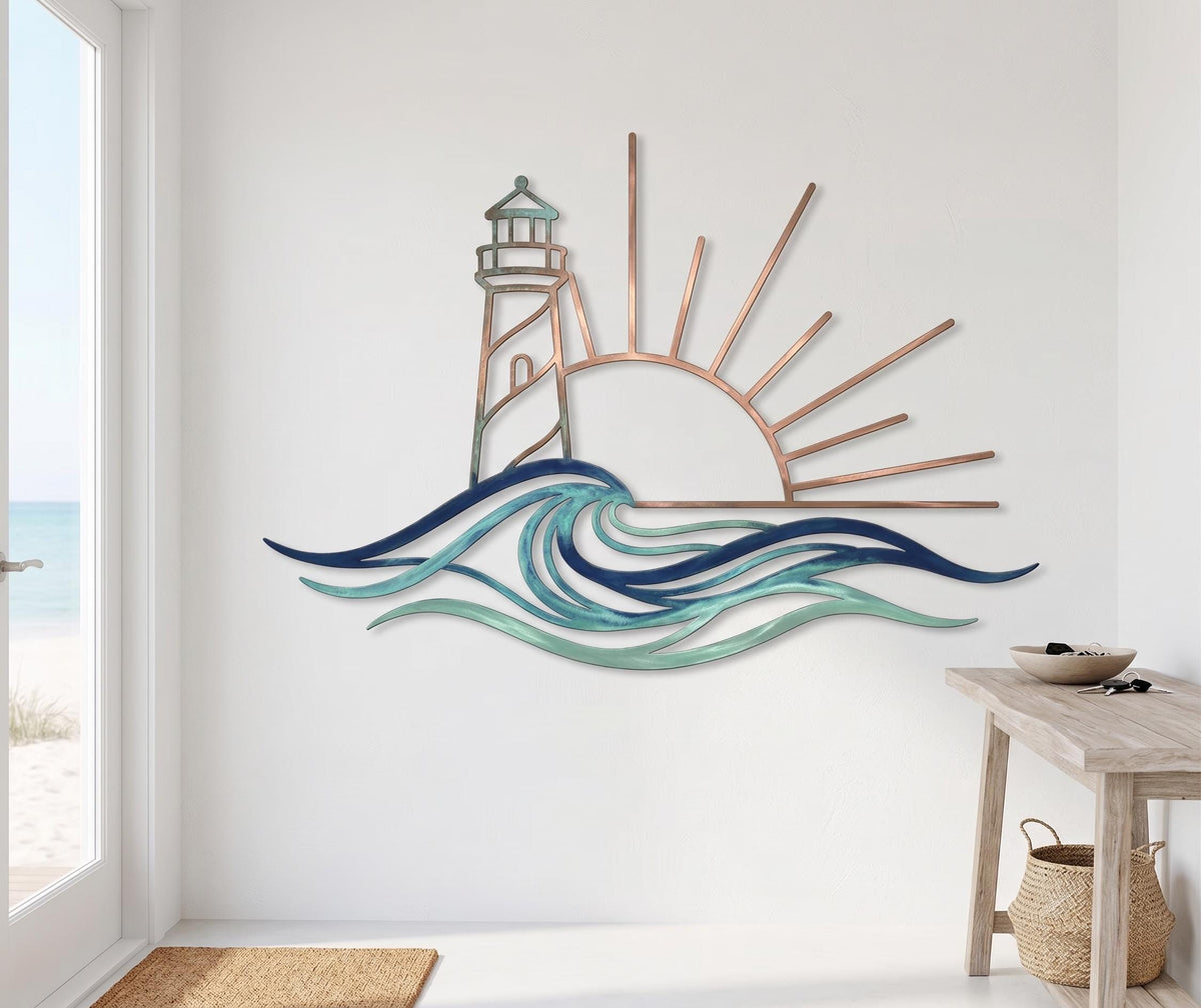 Lighthouse Sun And Waves Metal Sign – Coastal Beach House Wall Hanging, Gift For Beach Lover