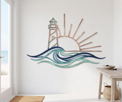 Lighthouse Sun And Waves Metal Sign – Coastal Beach House Wall Hanging, Gift For Beach Lover