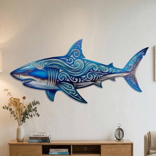 Great White Shark Metal Wall Art – Blue Ocean Wave Swirl Decor, Gift For Beach House Or Nautical Housewarming