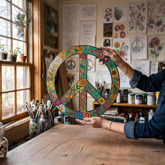Colorful Peace Sign Metal Wall Art – Retro Hippie Floral Symbol Decor, Gift For Boho Home Or Sixties Style Room