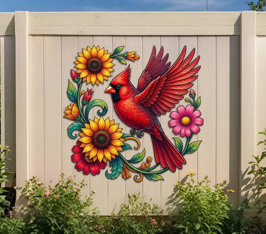 Cardinal Sunflower Metal Wall Art – Colorful Floral Fence Decor, Bird Lover Gift