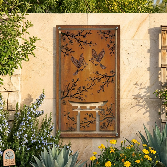 Japanese Torii Gate Metal Wall Art – Cherry Blossom Bird Panel, Gift For Zen Garden Lover