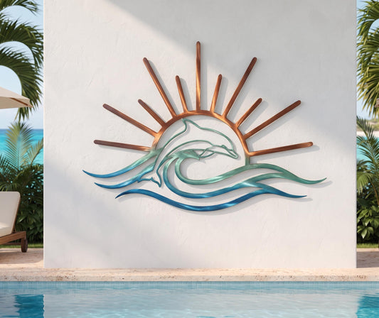 Dolphin Sunburst Wave Metal Wall Art – Coastal Poolside Decor, Gift For Summer Or Beach Home