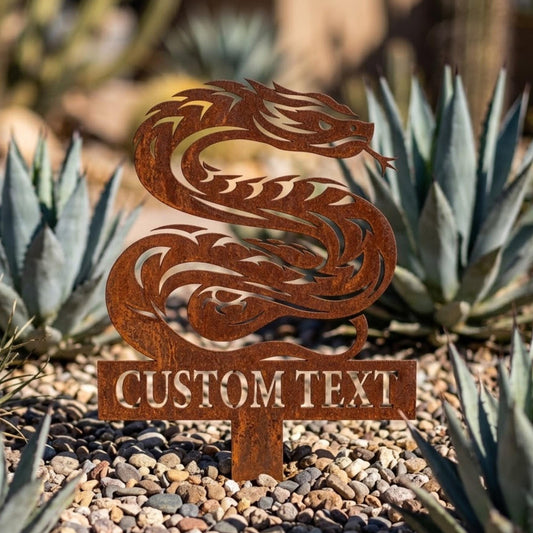Personalized Dragon Metal Garden Stake – Custom Text Rusted Serpent Yard Art, Gift For Fantasy Garden Lover