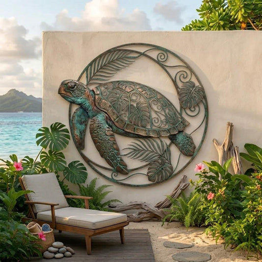 Filigree Sea Turtle Metal Wall Art – Coastal Tropical Patina Decor, Gift For Beach Home