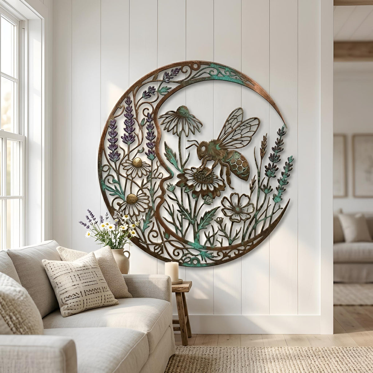 Bee And Wildflower Crescent Moon Metal Wall Art – Patina Celestial Garden Decor, Gift For Nature Lover Or Living Room