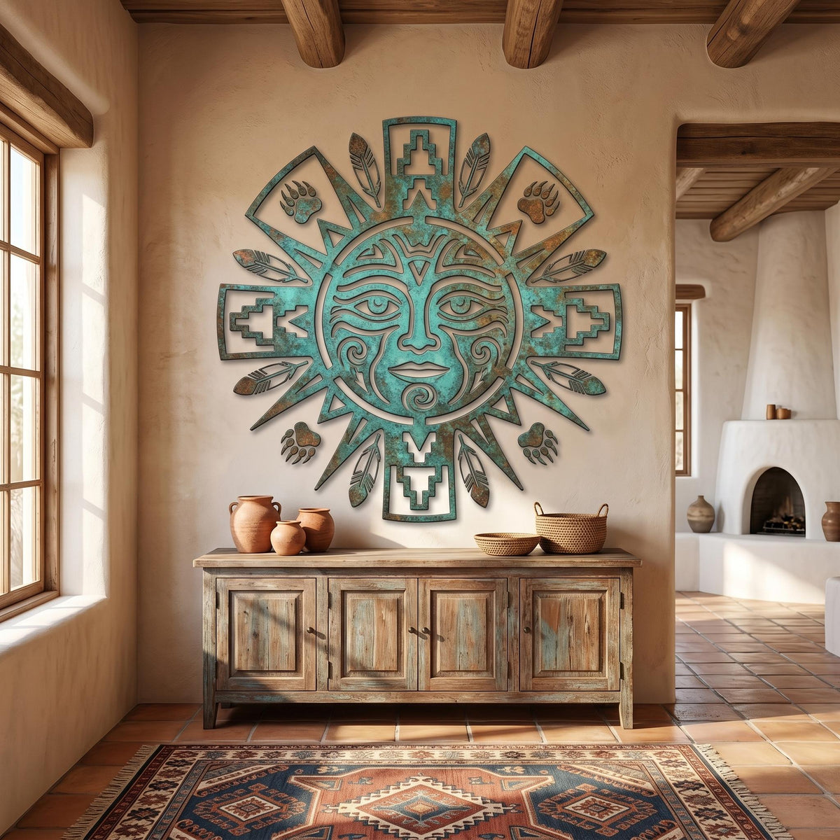 Southwestern Sun Face Metal Wall Art – Tribal Feather Patina Decor, Gift For Southwest Or Rustic Home
