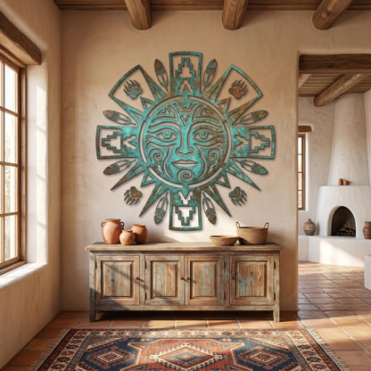 Southwestern Sun Face Metal Wall Art – Tribal Feather Patina Decor, Gift For Southwest Or Rustic Home