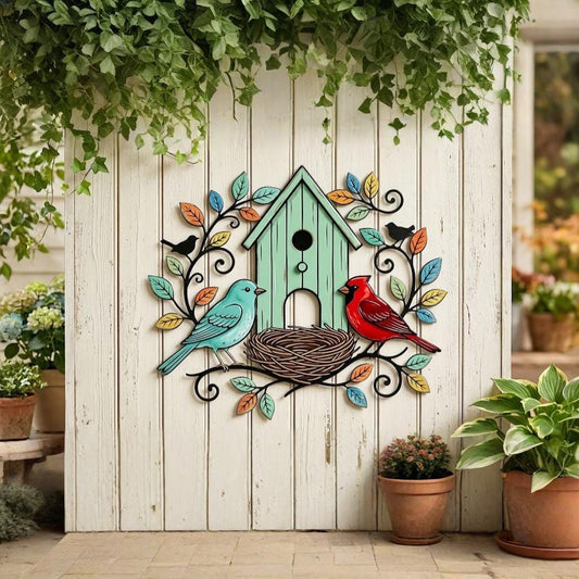 Birdhouse Metal Wall Art – Cardinal & Nest Spring Garden Decor, Gift For Bird Lovers