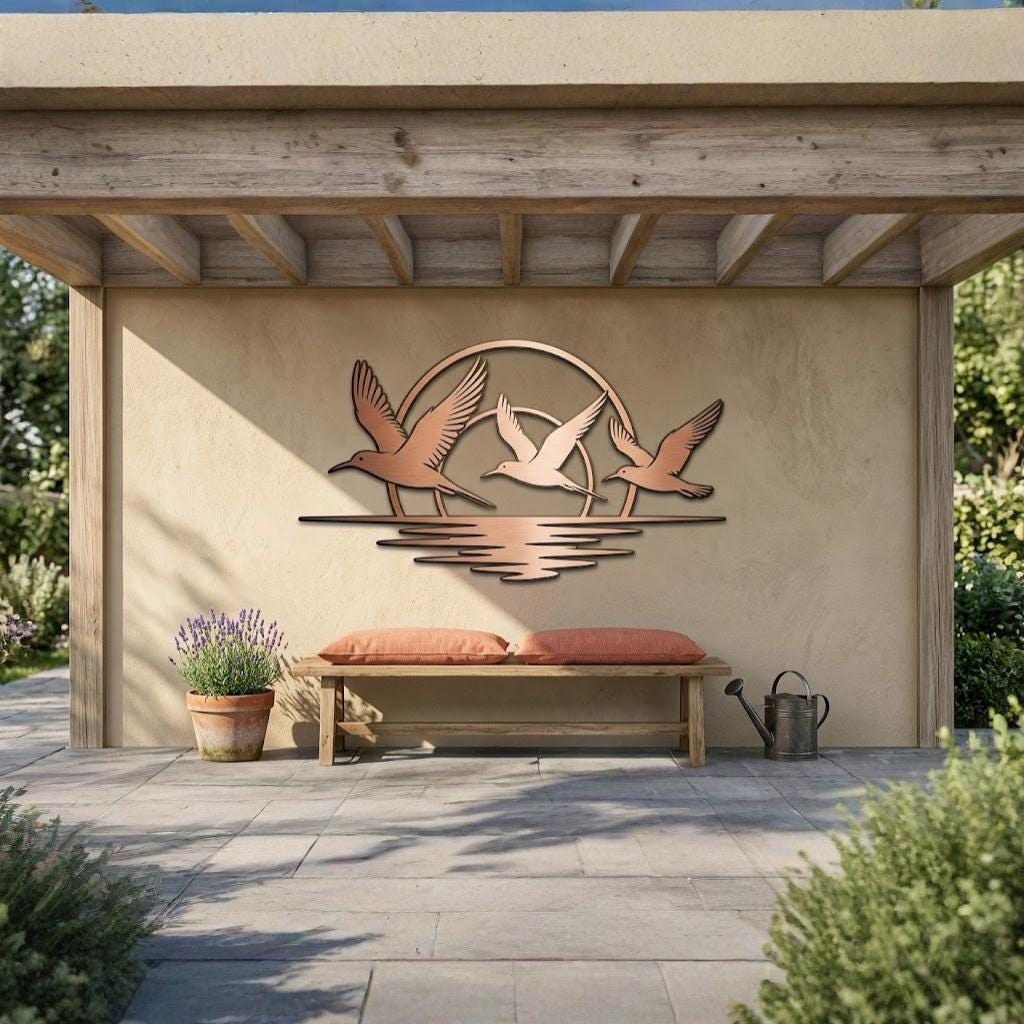 Three Flying Birds Sunset Metal Wall Art – Coastal Wave Decor, Gift For Nature Lover Or Patio