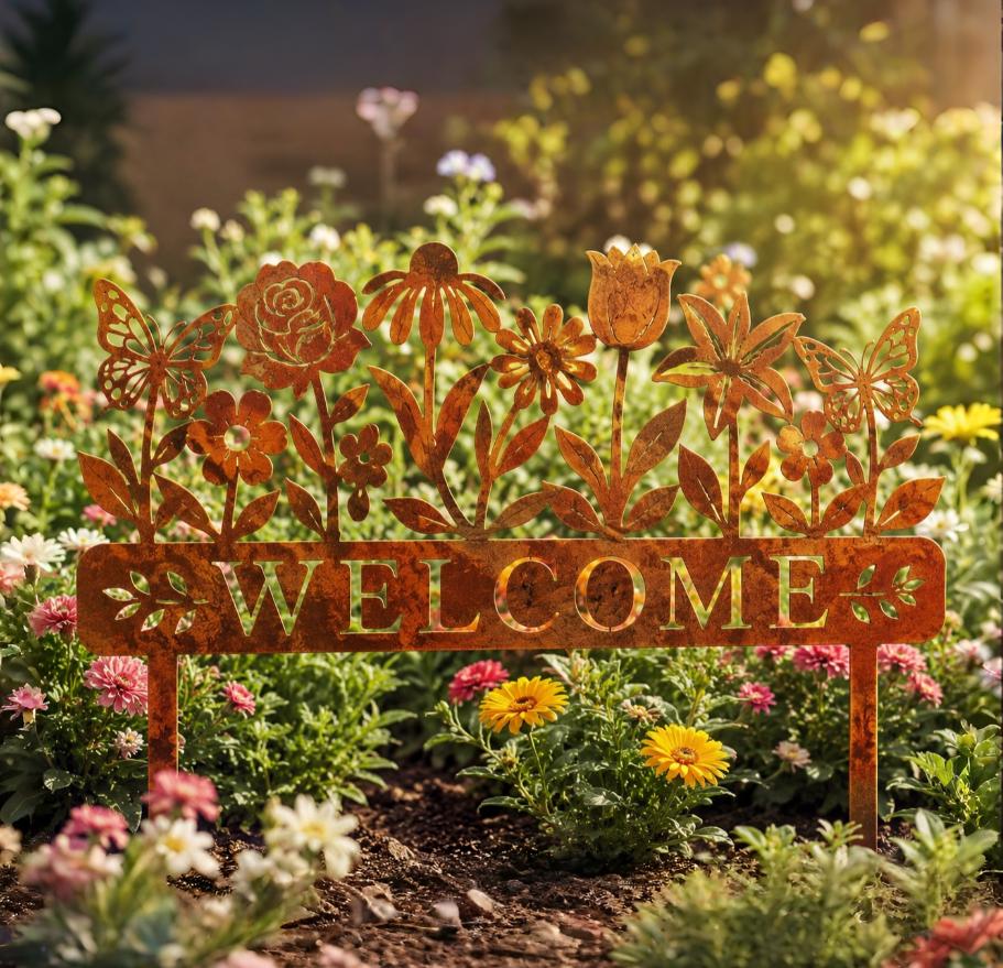 Welcome Metal Garden Stake – Rusted Wildflower And Butterfly Yard Art, Gift For Gardener Or Cottage Front Yard