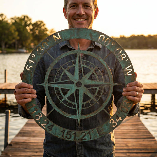 Personalized Coordinate Compass Metal Sign – Custom Latitude Longitude Wall Decor, Lake House Gift