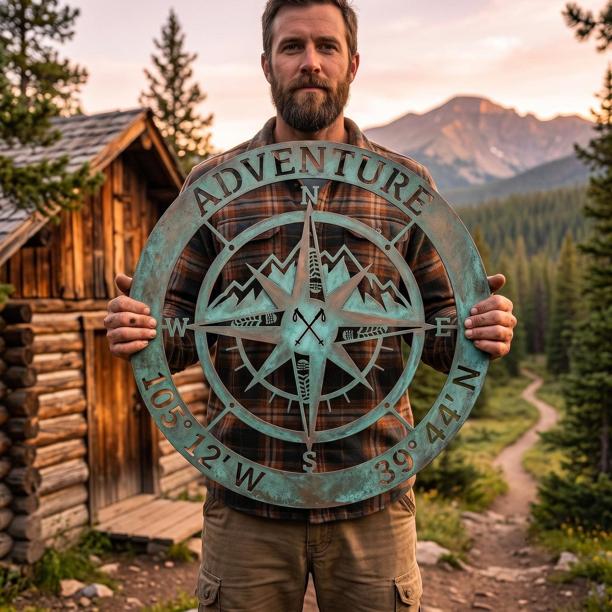 Personalized Adventure Compass Metal Sign – Custom Coordinates Mountain Wall Art, Gift For Hiker Or Cabin Decor