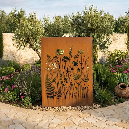 Wildflower Metal Garden Screen, Botanical Cutout Panel – Fern And Daisy Yard Art, Gift For Flower Lover