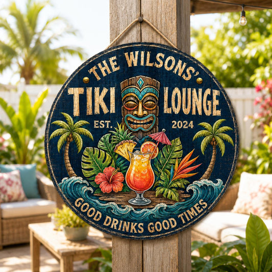 Personalized Tiki Lounge Sign – Custom Family Name Tropical Bar Decor, Gift For Patio Or Backyard Bar
