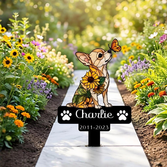Personalized Chihuahua Memorial Garden Stake – Custom Name & Date Sunflower Sign, Pet Loss Gift