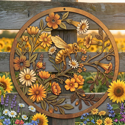 Bee & Wildflower Round Metal Wall Art – Rustic Garden Hanging Sign, Nature Lover Gift