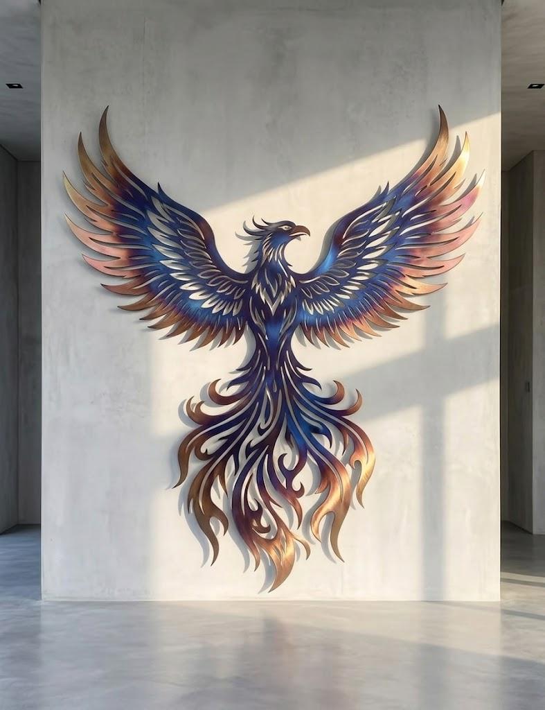 Phoenix Metal Wall Art – Modern Blue & Gold Firebird Sculpture, Mythical Home Gift