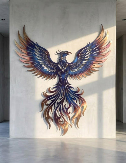 Phoenix Metal Wall Art – Modern Blue & Gold Firebird Sculpture, Mythical Home Gift