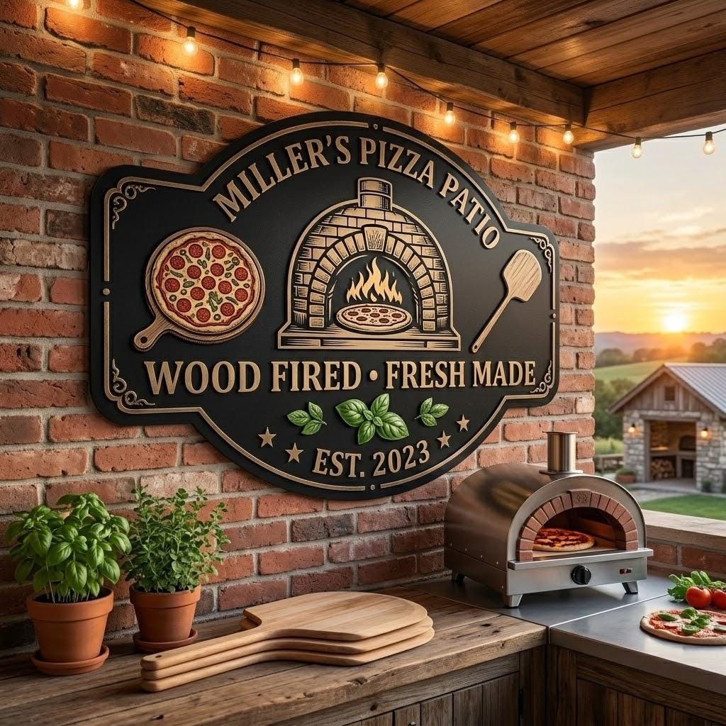 Personalized Pizza Patio Metal Sign – Custom Name Wood Fired Oven Plaque, Gift For Outdoor Kitchen Or Pizza Lover
