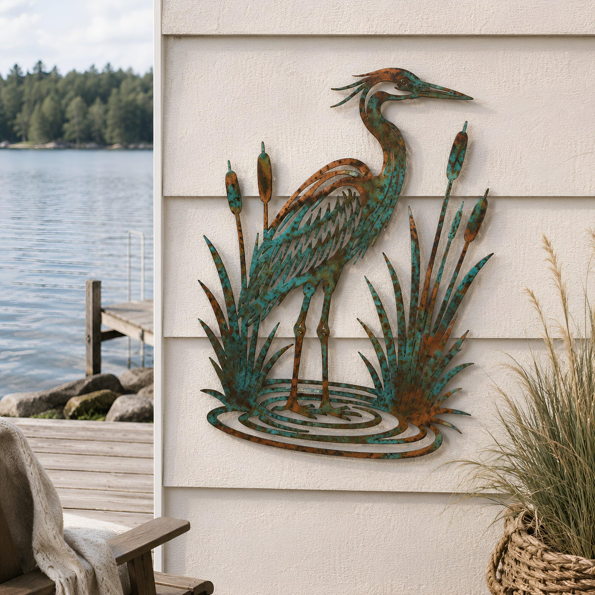 Heron Metal Wall Art – Rustic Patina Cattails Decor, Gift For Lake House Or Coastal Patio