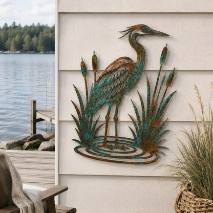 Heron Metal Wall Art – Rustic Patina Cattails Decor, Gift For Lake House Or Coastal Patio