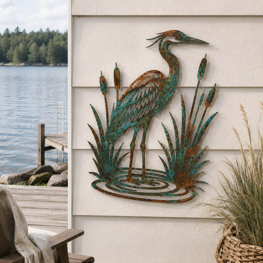 Heron Metal Wall Art – Rustic Patina Cattails Decor, Gift For Lake House Or Coastal Patio