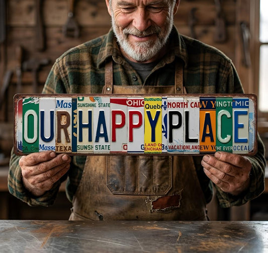 Our Happy Place License Plate Metal Sign – Rustic Vintage Americana Wall Decor, Gift For Dad Garage Or Man Cave