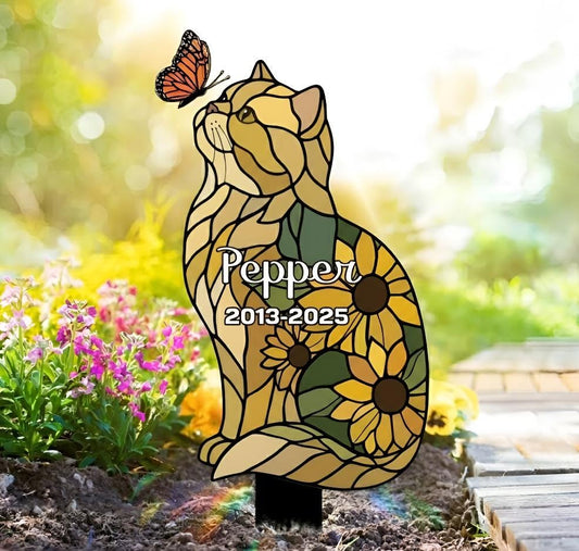 Personalized Cat Memorial Garden Stake, Custom Name Stained Glass Style – Pet Loss Sympathy Gift, Sunflower Cat Decor