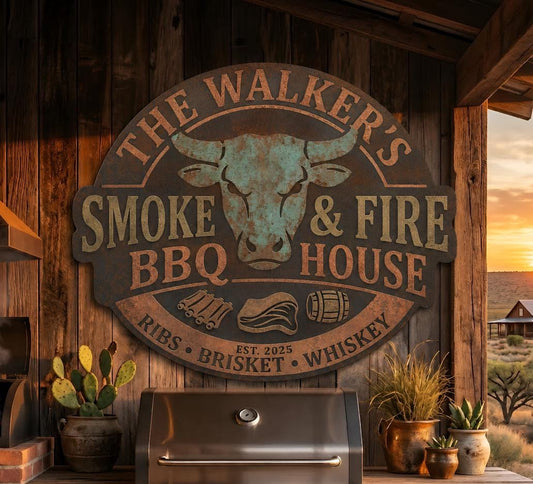 Personalized Bbq Smokehouse Metal Sign – Custom Family Name Grill Decor, Gift For Bbq Lover