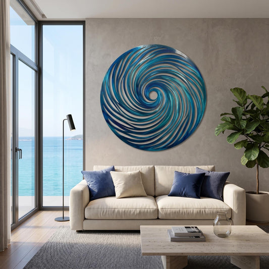 Blue Spiral Wave Metal Wall Art – Modern Round Abstract Ocean Sculpture, Gift For Living Room Or Coastal Home