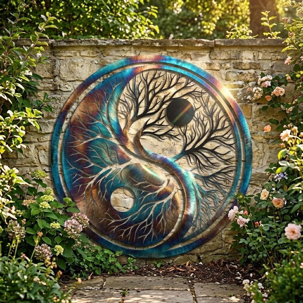 Yin Yang Tree Of Life Metal Wall Art – Zen Garden Iridescent Decor, Spiritual Balance Gift