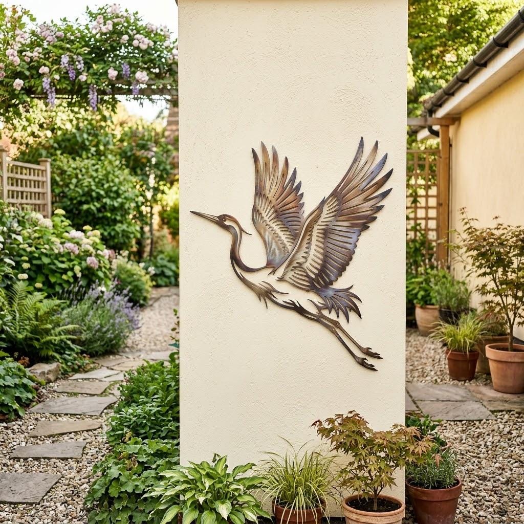 Flying Crane Metal Wall Art – Elegant Heron Garden Decor, Gift For Bird Lover