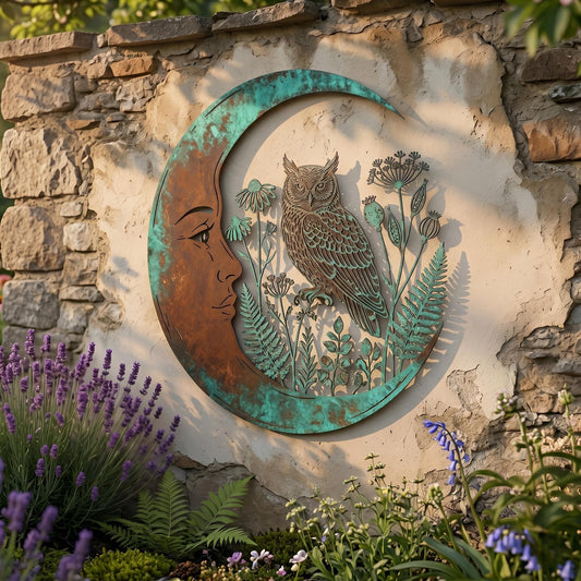 Owl And Crescent Moon Metal Wall Art – Celestial Botanical Garden Sign, Gift For Nature Or Boho Lover