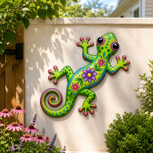 Colorful Floral Gecko Metal Wall Art – Whimsical Tropical Lizard Decor, Gift For Garden Or Patio Fence
