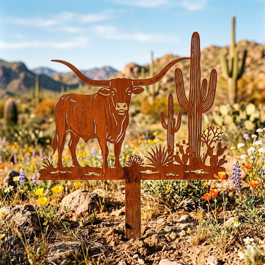 Longhorn Cactus Rusted Metal Garden Stake – Western Desert Yard Decor, Ranch Gift