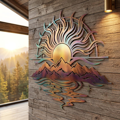 Sun And Mountain Metal Wall Art – Celestial Rustic Nature Decor, Gift For Home Owner
