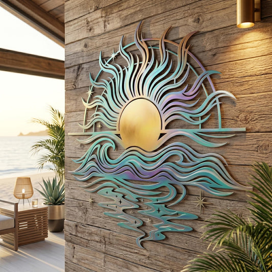 Sunset Ocean Waves Metal Wall Art – Iridescent Coastal Beach House Decor, Gift For Ocean Lover