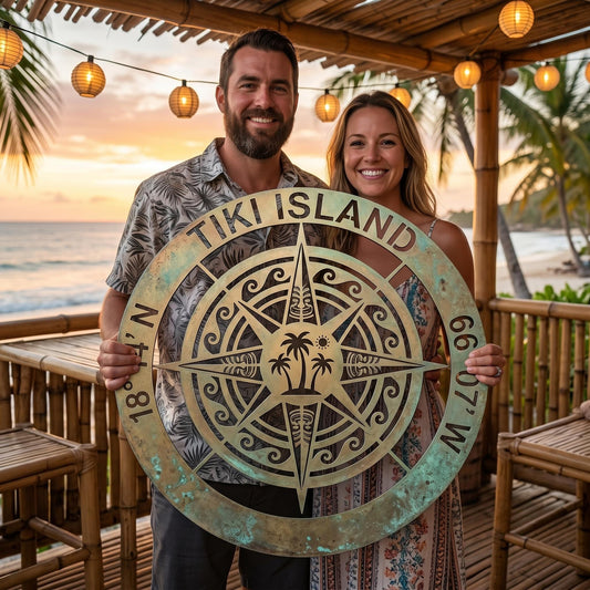 Personalized Compass Rose Metal Sign – Custom Island Name And Coordinates Wall Art, Gift For Tiki Bar Beach House