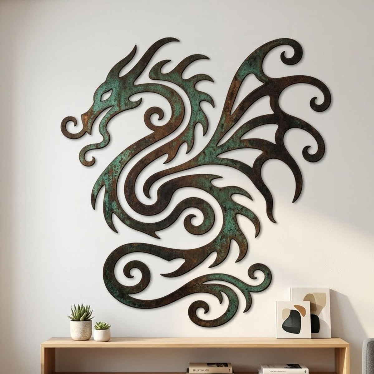 Patina Dragon Metal Wall Art – Mythical Verdigris Wall Sculpture, Gift For Fantasy Lover