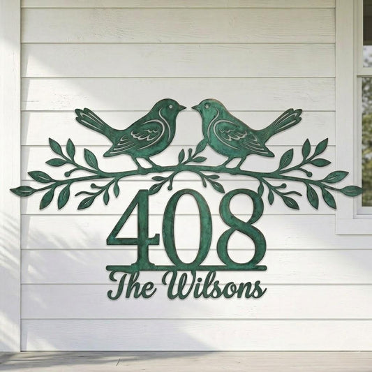 Personalized Bird Address Metal Sign – Custom House Number & Family Name Wall Decor