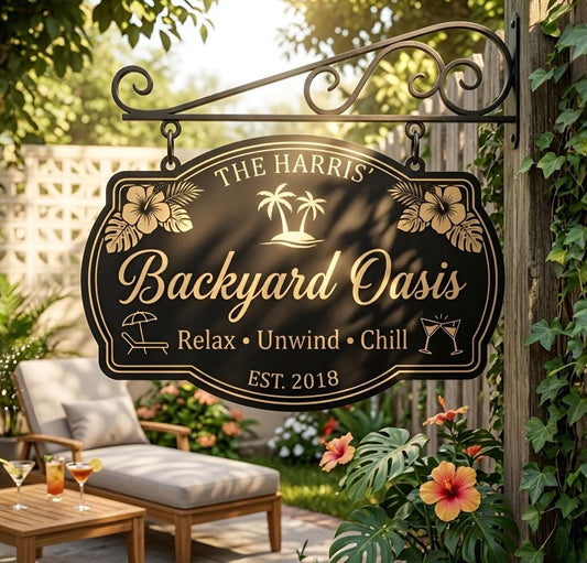 Personalized Backyard Oasis Metal Sign – Custom Family Name Relax Unwind Chill Plaque, Gift For Patio Or Poolside