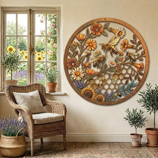 Bee And Honeycomb Metal Wall Art – Rustic Farmhouse Floral Decor, Gift For Garden Lover