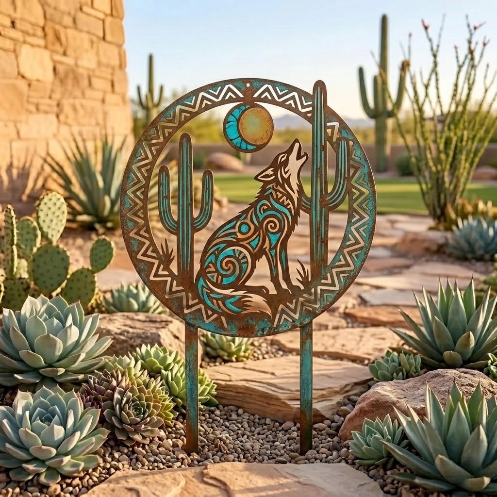 Southwest Coyote Metal Garden Stake – Tribal Desert Yard Art, Gift For Arizona Or Southwestern Home