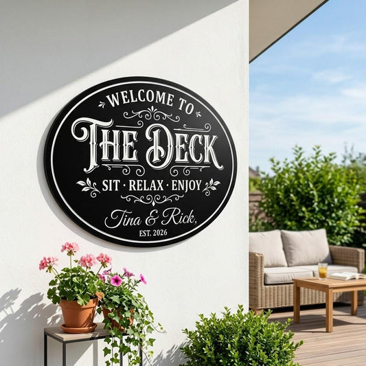 Personalized Welcome To The Deck Metal Sign – Custom Family Name Sit Relax Enjoy Plaque, Gift For Patio Or Backyard