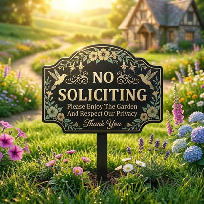 No Soliciting Metal Garden Sign – Decorative Hummingbird Floral Yard Stake, Gift For Homeowner Privacy Or Front Yard