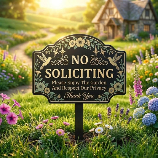 No Soliciting Metal Garden Sign – Decorative Hummingbird Floral Yard Stake, Gift For Homeowner Privacy Or Front Yard